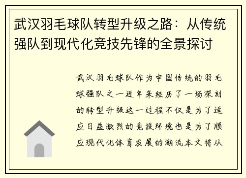 武汉羽毛球队转型升级之路：从传统强队到现代化竞技先锋的全景探讨